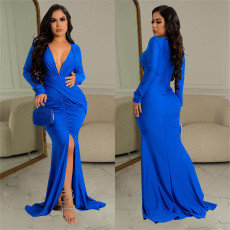 SC Deep V Neck Ruched Split Maxi Dress BY-6115