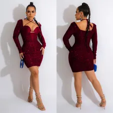 SC Long Sleeve Halter Sequin Mini Dress BY-6046