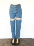 SC Plus Size Casual Denim High Waist Holes Jeans LX-5528