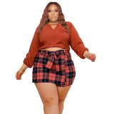 SC Plus Size Long Sleeve Top+Plaid Mini Skirt Two Piece Sets PHF-13296