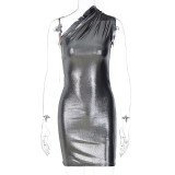 SC Solid Color Slash Shoulder Sleeveless Mini Dress BLG-289917K