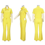 SC Plus Size Short Sleeve Zipper Top Flare Pants Casual Two-piece Set XHSY-19538