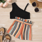 SC Kids Girl Solid Crop Tops And Waist Belt Stripe Shorts 2 Piece Set YKTZ-4005