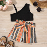 SC Kids Girl Solid Crop Tops And Waist Belt Stripe Shorts 2 Piece Set YKTZ-4005