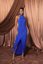 SC Solid Halter Sleeveless Ruched Maxi Dress MZ-2773