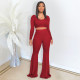 SC Solid Color Slim Long Sleeve Flare Pants Suit DDF-8040