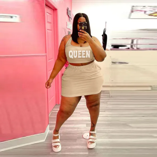 SC Plus Size Letter Hot Drill Tank Tops And Skirt Sport Suit WAF-211246