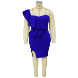 SC Plus Size Ruffles Single Shoulder Split Dress NNWF-7783