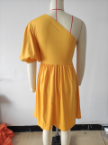 SC Single Shoulder Puff Sleeve Pleated Dress MIL-L402