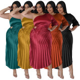 SC Plus Size Fashion Slash Shoulder Pleated Long Dress NNWF-7793