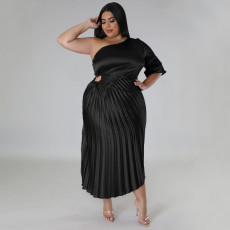 SC Plus Size Fashion Slash Shoulder Pleated Long Dress NNWF-7793