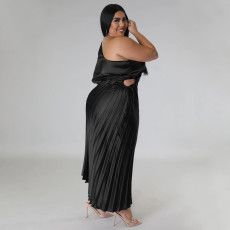 SC Plus Size Fashion Slash Shoulder Pleated Long Dress NNWF-7793