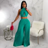 SC Solid Halter Crop Tops And Wide Leg Pant 2 Piece Set YF-10410