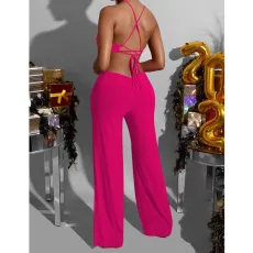 SC Solid Color Backless Tie Up Wide Leg Jumpsuit YD-1010