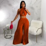 SC Solid Halter Crop Tops And Wide Leg Pant 2 Piece Set YF-10410