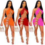 SC Sexy Halter Lace-up Top Short Skirt Two Piece Set XHAF-10094