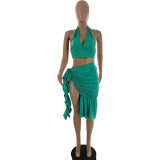 SC Sexy Solid Color Halter Top Ruched Skirt Two Piece Set CQF-90116