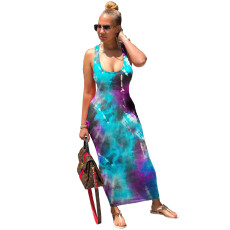 SC Sexy Tie Dye Backless Lace Up Sleeveless Maxi Dress LDS-3220