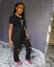 SC Print Short Sleeve Ripped Hole Pants 2 Piece Set CXLF-8102