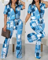 SC Plus Size Fashion Print Zipper Short Sleeve Coat Pants 2 Piece Set GSRX-9011