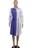 SC Casual Color Block Stripes Print Long Sleeve Shirt Dress XHXF-945