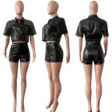 SC PU Leather Button Short Sleeve Shorts Two Piece Set HMS-5562
