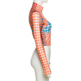 SC Fashion Print Zip Long Sleeve Slim Tops XEF-25319