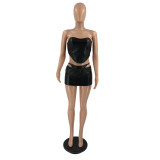SC Sexy Leather Nightclub Tube Top Mini Skirt Two Piece Set XHAF-10099