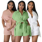 SC Casual Solid Color Split Short Sleeve Shorts Suit ANDF-1507