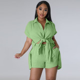 SC Casual Solid Color Split Short Sleeve Shorts Suit ANDF-1507