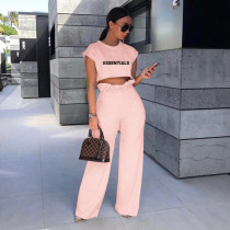 SC Letter Print Crop Tops And Pants Two Piece Set CXLF-8105