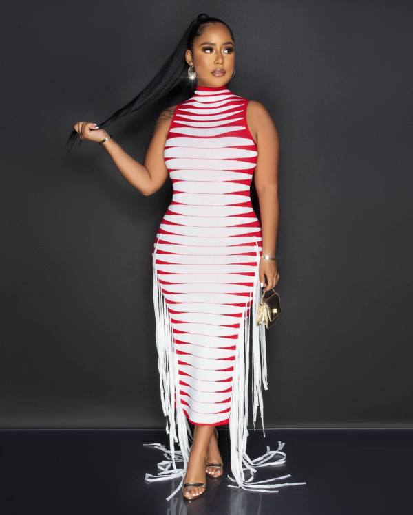 SC Half-high Neck Rib Printed Ribbon Sleeveless Dress NIK-324
