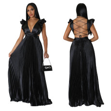 SC Sexy Backless Deep V Pleated Maxi Dress YF-10413