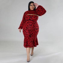 SC Plus Size Printed Chest Wrap Ruffle Slim Fit Dress With Short Top BDF-7032