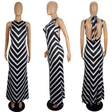 SC Sexy Black White Stripe Backless Maxi Dress LSL-6348