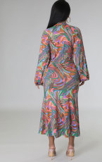 SC Fashion Printed Long Sleeve Split Skirts Two Piece Set XHXF-8661