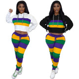 SC Casual Sports Striped Print Hooded And Pants Two Piece Set JCF-7086