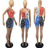 SC Fashion Print Vest Shorts Two Piece Set FOSF-8342
