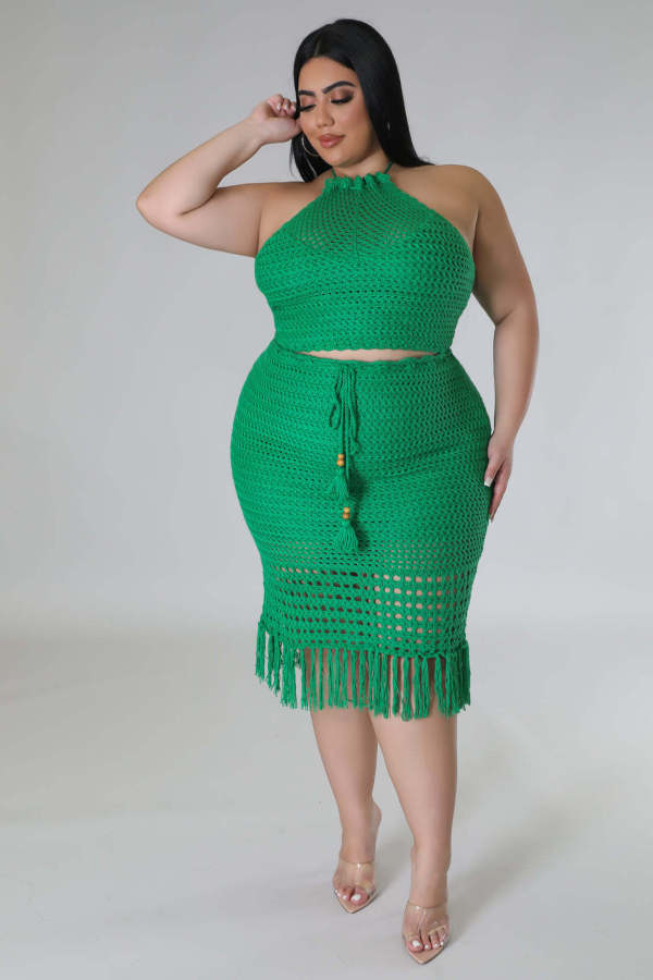 SC Plus Size Knitted Top And Skirt Two Piece Set OSM2-5313