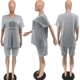 SC Plus Size Casual Print Short Sleeve Shorts 2 Piece Set YFS-10312