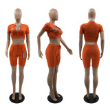 SC Zipper Short Sleeve Shorts Fashion Sports Two Piece Set MUKF-9113
