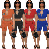 SC Zipper Short Sleeve Shorts Fashion Sports Two Piece Set MUKF-9113
