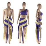 SC Patchwork Slash Shoulder Tassel Skirt 2 Piece Set NYMF-292