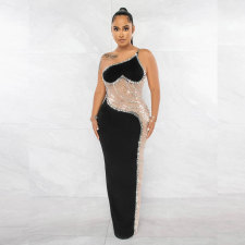 SC Pearl Hot Drill See-through Mesh Maxi Dress NY-9066