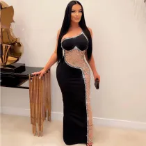 SC Pearl Hot Drill See-through Mesh Maxi Dress NY-9066