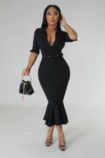 SC Solid Color Ruffles Waist Belt Midi Dress GYLY-10001