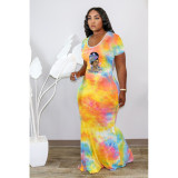 SC Plus Size Tie Dye Print Short Sleeve Mermaid Dress YFS-10314