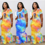 SC Plus Size Tie Dye Print Short Sleeve Mermaid Dress YFS-10314