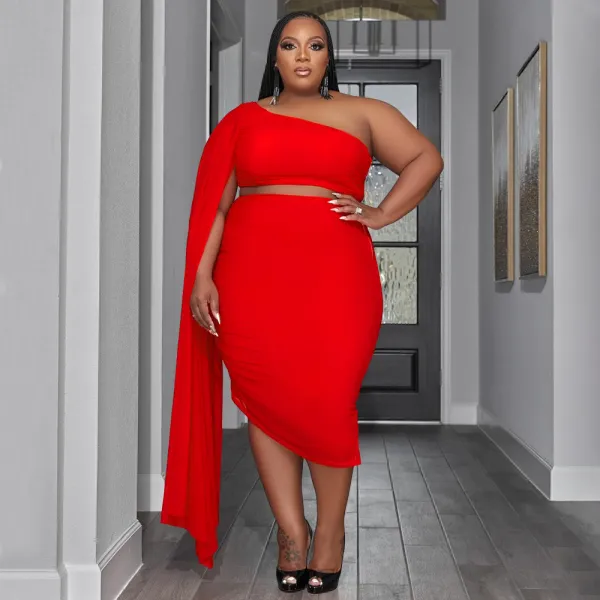 SC Plus Size Sexy Slash Shoulder Shawl Sleeve Two Piece Skirts Set NNWF-7810