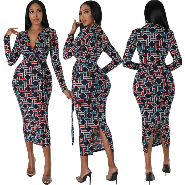 SC Sexy Fashion Print V-neck Long Sleeve Midi Dress SMR-11955